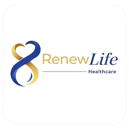 RenewLife Healthcare logo featuring a stylized heart/infinity symbol in blue and gold.